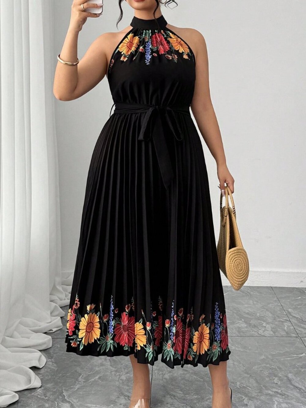 Multicolor Elegant Women's Floral Print Ruched Waist Cinched Halter Dress - Picture 5 of 7